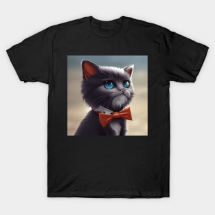 Elegant Grey Cat With an Orange Bow Tie | White and grey cat with blue eyes | Digital art Sticker T-Shirt
